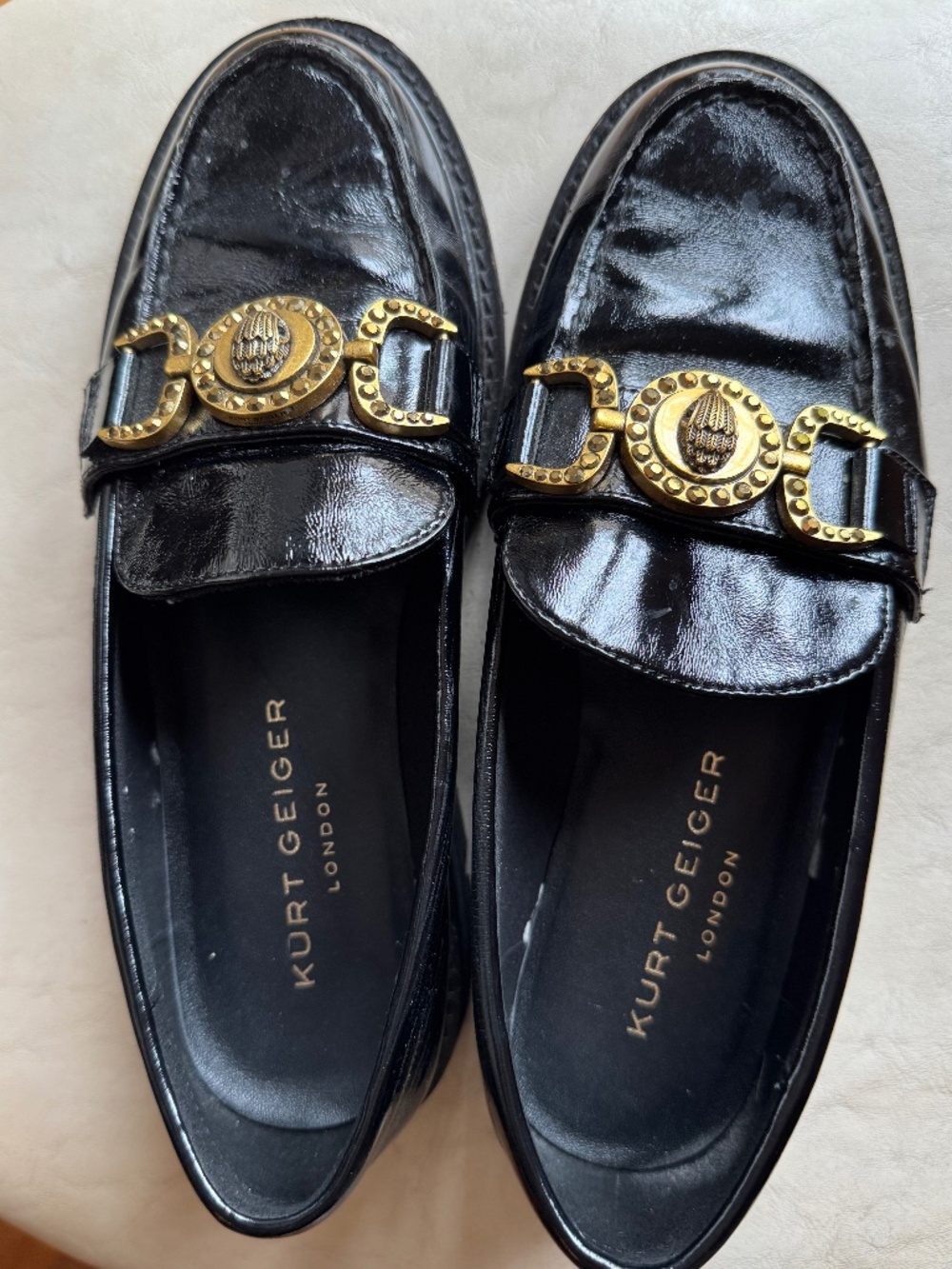 Kurt Geiger Shoes - Black Patent Leather Loafer with Gold Hardware. Size 38.5